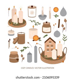 Cozy candles. Vector illustration in Scandinavian style. 