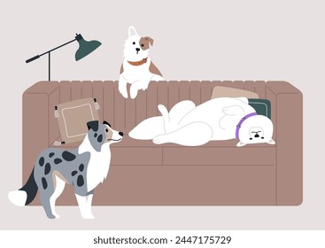 Cozy Canine Companions Lounge on a Sofa Under Soft Light, Three dogs relax on a couch, one sprawls lazily while another looks on