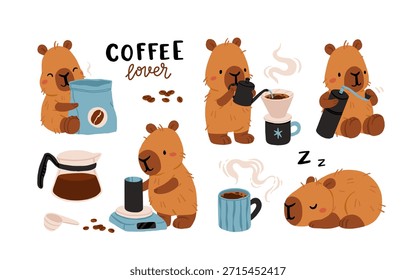 Gemütliche Capybara Kaffee Rituale Vektor Set. Capybarista Brauen Spezialität Kaffee, Pour over, Grinder, Morgenroutine, Hygge Lifestyle Illustration