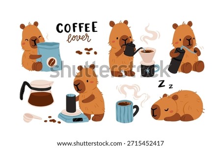 Cozy Capybara Coffee Rituals Vector Set. Capybarista Brewing Specialty Coffee, Pour over, Grinder, Morning Routine, Hygge Lifestyle Illustration