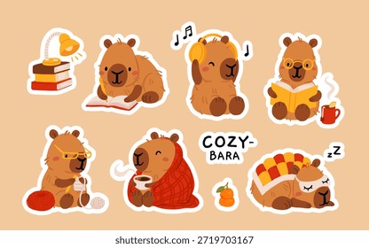 Acogedor Capybara Hygge Set con café, libros, tejer y relajantes actividades en el hogar, lindo Vector plano pegatinas de dibujos animados Colección