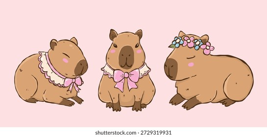 Capibara acogedor con Vector dibujado a mano de arco rosa, tres adorables capibaras con accesorios lindos posando sobre un fondo rosa claro