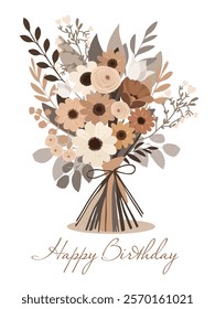 A cozy card with a bouquet of flowers, warm and muted tones such as beige, chocolate and pale gray. Minimalistic background,stylish vector card with flowers, in a beautiful color scheme