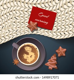 Cozy card design for Good morning, Merry Christmas, Winter. Warm plaid, cookies and cup of coffee. Vector illustration for cover, postcard, poster, card 
