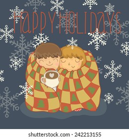 Cozy card on Christmas & New Year with a sweet couple. Happy Holidays!