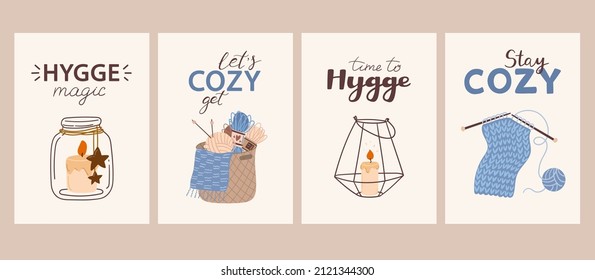 Cozy cards hygge theme. Illustrations with candles in candlesticks, knitting and balls of wool. Vector posters in flat style with cute lettering