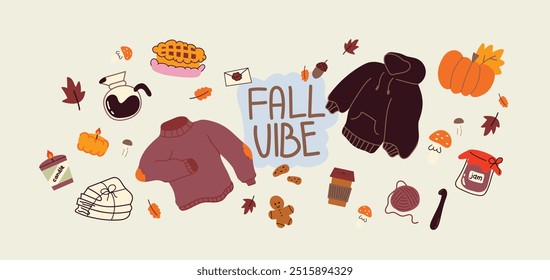 Cozy cartoon autumn stickers in hand drawn style. Hoodie, leaves, coffee, pie, sweater, jam, mushrooms, harvest time. Set of doodle groovy vector shapes hand drawn