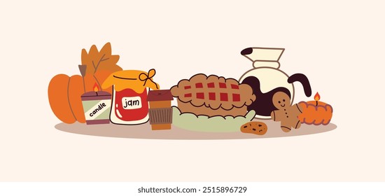 Cozy cartoon autumn stickers in hand drawn style. Cookie, leaves, coffee, pie, sweater, jam, harvest time. Set of doodle groovy vector shapes hand drawn