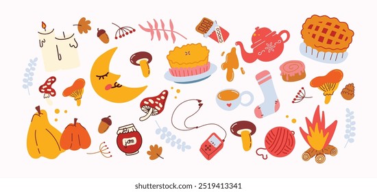 Cómodas pegatinas de otoño de dibujos animados en estilo dibujado a mano. Hojas, pastel, café, té, champiñones, mermelada, vela, tiempo de cosecha, calabaza. Conjunto de Formas de Vector groovy doodle dibujado a mano