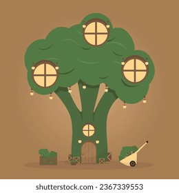 cozy cartoon broccoli house vector illustration isolated on brown background