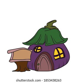 Cozy cartoon house for a dwarf eggplant.vector illustration on a white isolated background.Botanical design for postcards and banners.