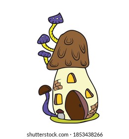 Cozy cartoon house for a dwarf with mushrooms.Vector illustration on a white isolated background.Botanical design for postcards and banners.