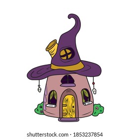 Cozy cartoon house for a dwarf with a roof like a hat.vector illustration on a white isolated background.Botanical design for postcards and banners.