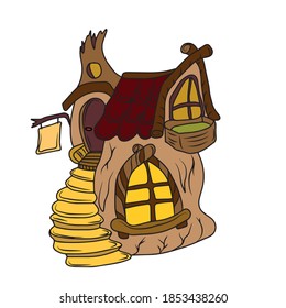 Cozy cartoon house for a dwarf with stairs .Vector illustration on a white isolated background.Botanical design for postcards and banners.