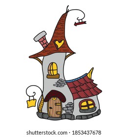 Cozy cartoon house for a dwarf .Vector illustration on a white isolated background.Botanical design for postcards and banners.