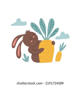 Cozy cartoon rabbit carrying big carrot harvest. Warm Autumn season. Vector flat hand drawn illustration