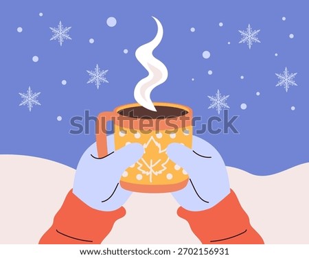 A cozy cartoon vector illustration of two hands holding a cup of hot cocoa on a snowy winter background. Background for Christmas greeting cards
