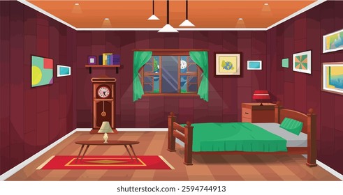 Cozy cartoon-style bedroom interior with wooden furniture, green curtains, and warm lighting. Ideal for animation, games, storyboarding, and design projects