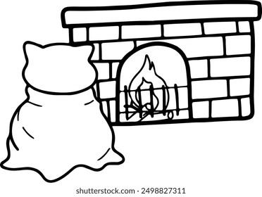 Cozy Cat in Blanket Near Fireplace Line Art Vector | Cute Minimalist Design