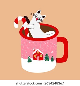 Cozy Cat Drinking Hot Chocolate. Holiday Candy Cane Vibes