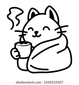 Cozy cat holding a teacup and blanket, doodle style icon 

