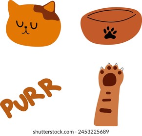 Cozy Cat Nap: Orange Cat Illustration with Pet Bowl | Cute Artwork and Paw Print