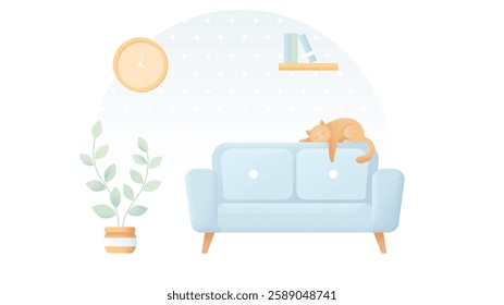 A cozy cat peacefully sleeping in a warm and comfortable living room, curled up on a soft couch or rug