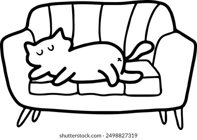 Cozy Cat Relaxing on Sofa Line Art Vector | Cute Minimalist Design