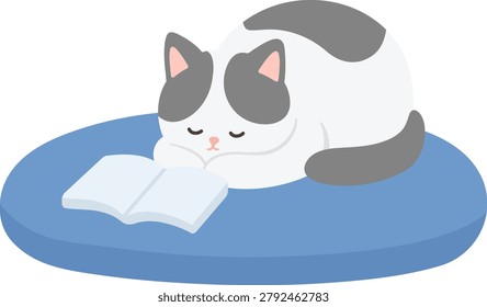 Cozy cat resting on a soft bed beside a book, creating a warm and relaxing reading atmosphere