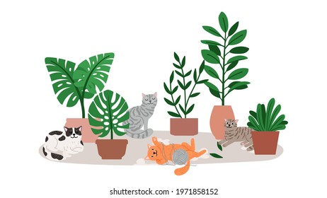 Cozy cats. Home plant, cat relaxing near greens growing pots. House garden, kittens sleeping and playing, vector isolated concept with pets