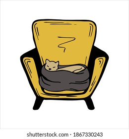 a cozy chair and a cat sleeping in a blanket single illustration isolated on a white backgrounad.Doodle Vector handmade theme cozy home, Scandinavian design