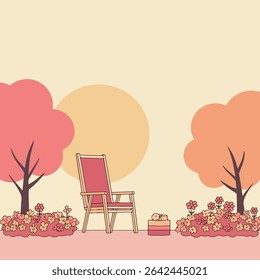 A cozy chair sits in a garden with trees and flowers, creating a peaceful and inviting scene. A stack of books is placed next to the chair.
