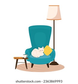 A cozy chair with a sleeping cat and a floor lamp nearby. Living room concept. Isolated cartoon vector illustration.