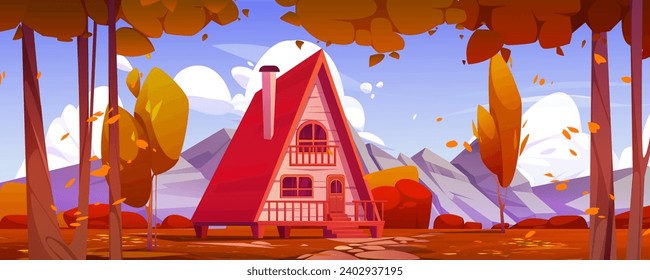 Cozy chalet in autumn mountain valley. Vector cartoon illustration of small wooden house with porch and chimney on roof, yellow foliage on trees, leaves flying in wind, rocky peaks under cloudy sky