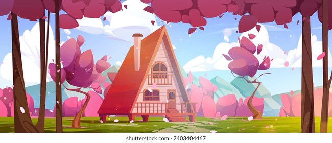 Cozy chalet and sakura trees in spring mountain valley. Vector cartoon illustration of small wooden house with porch, stairs and chimney on roof, pink cherry blossom petals flying in air, blue sky