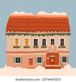 A Cozy and Charming Winter House Nestled in a Picturesque and Serene Snowy Landscape, A cozy little house beautifully adorned with festive holiday decor amidst a picturesque snowy winter scene