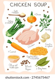 Cozy chicken soup vector set with ingredients: whole chicken, carrot, celery, onion, garlic, parsley and noodles. Warm homemade comfort food illustration in flat style.
