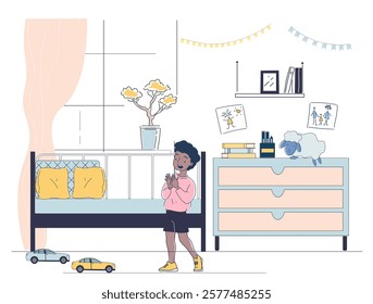 Cozy children's bedroom with a child playing, toys on the floor, a bed, dresser, and decorations on the wall. Soft pastel tones. Home decor concept. Vector illustration