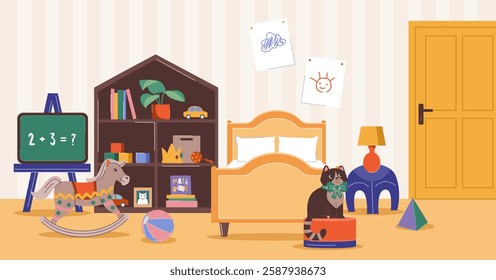 Cozy children's room with bed, bookshelf, chalkboard, rocking horse, and cat on a box. Warm pastel tones, striped wallpaper, and playful decor create a cheerful atmosphere. Vector illustration