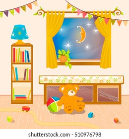 Cozy children's room, nursery, holiday decorations. On the floor, toys, teddy bear. A moon looking out the window. Fabulous atmosphere. Bright vector illustration.