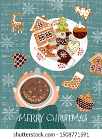 Cozy christmas background. Cute vector illustration of a table with a cup of cocoa and gingerbread cookies.Top view of hands with hot tea