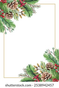 Cozy Christmas background featuring winter plants, fir tree branches, pine cones, and red berries. Perfect for seasonal designs and holiday-themed projects.