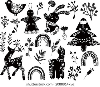 Cozy Christmas Black and white collection, Folk deer, bird, berries, Tree, Lama, Christmas Angel, Rabbit, branches flowers. Merry Christmas and Happy New Year. Winter greeting card. Vector icons