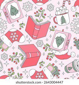 Cozy Christmas Books and Holiday Treats vector Seamless Pattern in Retro Pastel Style. Perfect for festive wrapping paper, greeting cards, fabric prints, and winter stationery designs. Holiday season