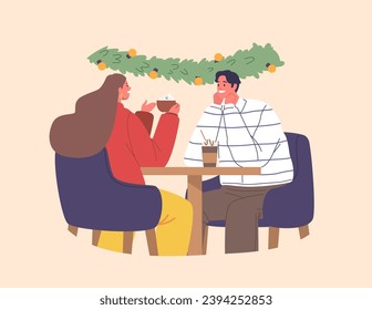 Cozy Christmas Cafe Adorned With Twinkling Lights, Where A Romantic Couple Sips Cocoa, Exchanging Loving Glances