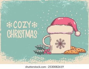 Cozy Christmas card background with beautiful cup of coffee and christmas cookies and Santa hat. Vector Vintage Tea and Coffee Holiday retro background with sugar snow text.