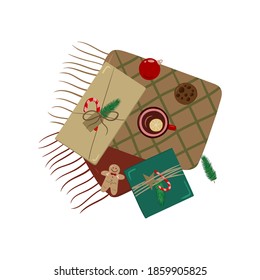 cozy Christmas card with gifts of cookies and tea