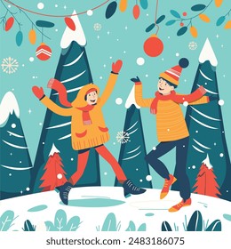 A cozy Christmas card unfolds in this flat vector scene. A loving couple, bundled in warm clothes, stand embraced against a backdrop of snow-capped mountains. 