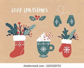 Cozy Christmas. A clip art of decorative elements in a hand drawn style. Vector Illustration