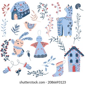 Cozy Christmas collection, Folk Lama, bird, red berries, cookies, Christmas Angel, Christmas Houses, tree branches. Merry Christmas and Happy New Year. Winter greeting card. Vector icons.